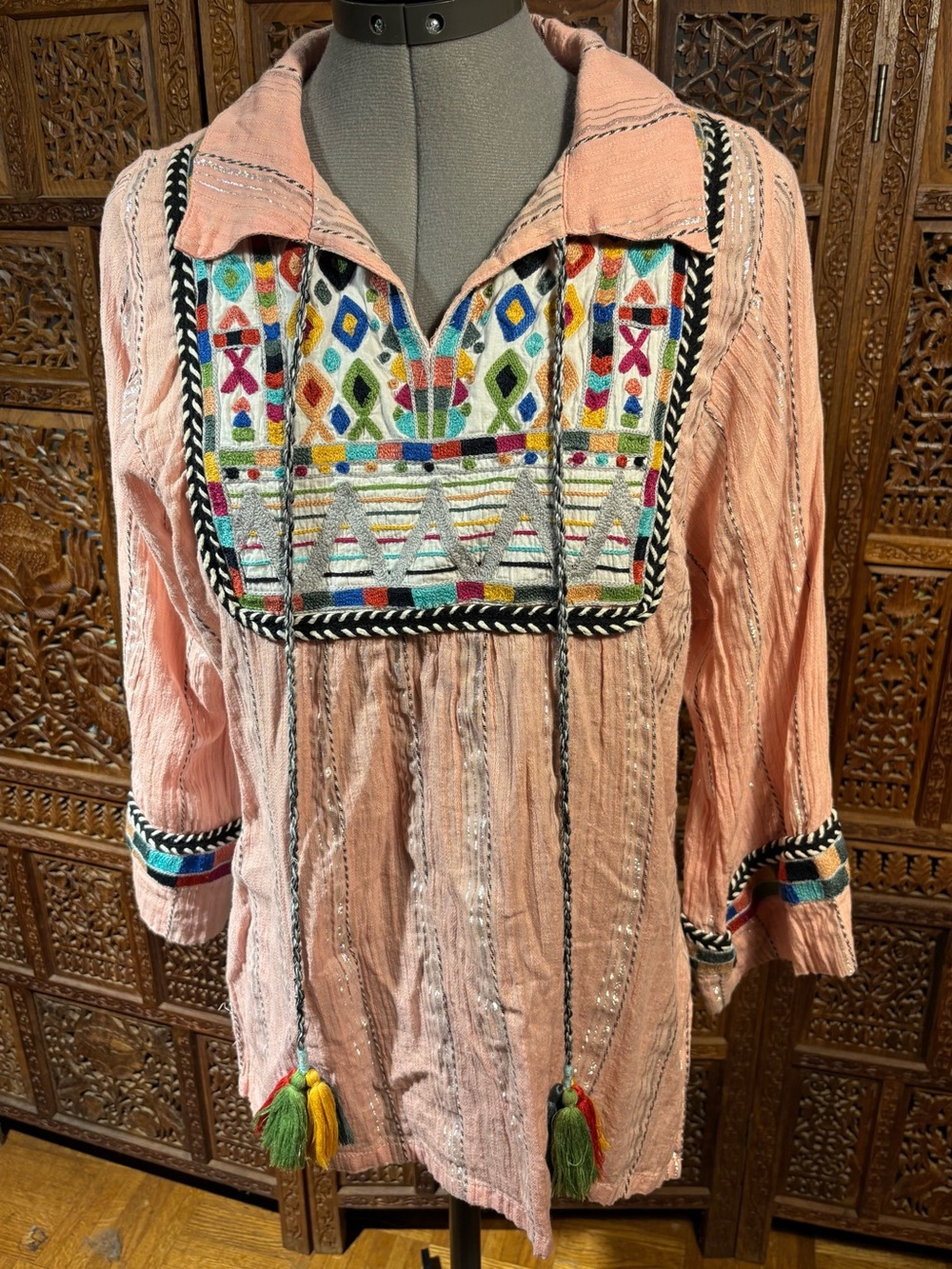 Ivy Jane Boho Embroidered Pink Tunic Top with Multicolor Yoke And Tassels